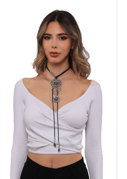 Kadın Antik Gümüş Kaplama Gül Charmlı Dolama Model Tasarım Ip Kolye indirimleri