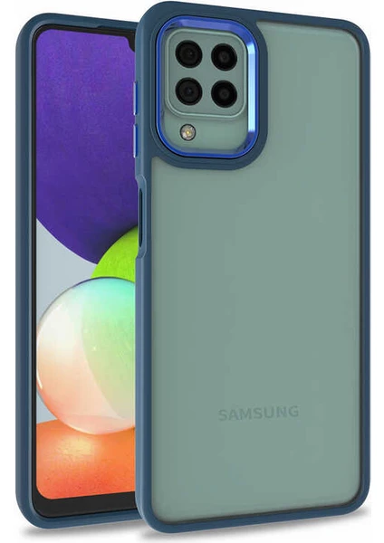 Case 4u Galaxy A12 / M12 Kılıf Kamera Çıkıntılı Arkası Kristal Şeffaf Hassas Tuşlu Renkli Kenarlı Flora Kapak Lacivert