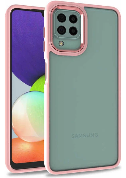 Case 4u Galaxy A12 / M12 Kılıf Kamera Çıkıntılı Arkası Kristal Şeffaf Hassas Tuşlu Renkli Kenarlı Flora Kapak Rose Gold