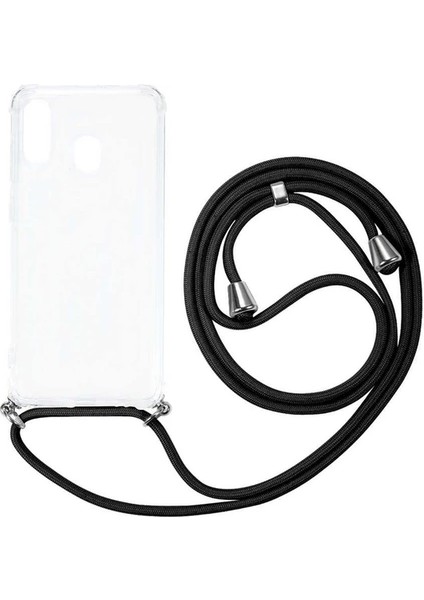 Samsung Galaxy A10S A107 Kılıf Omuz Boyun Askılı Ipli Şeffaf Antişok X-Rop Kılıf Dört Köşeli Darbe Koruma