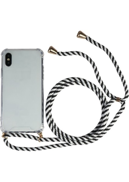 Huawei P40 Lite E ART-L29 Kılıf Omuz Boyun Askılı Ipli Şeffaf Antişok X-Rop Kılıf Dört Köşeli Darbe Koruma