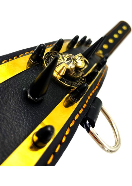 Çivili American Bully Deri Köpek Boyun Tasması Siyah - Sarı modelleri