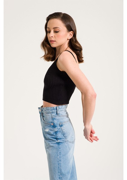 Siyah V Kesim Triko Crop