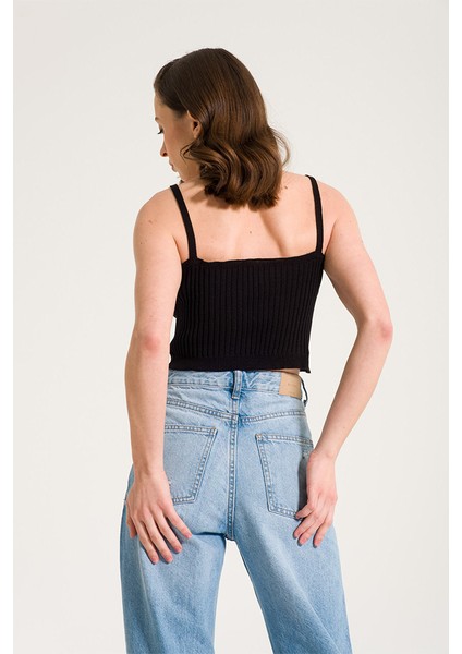 Siyah V Kesim Triko Crop