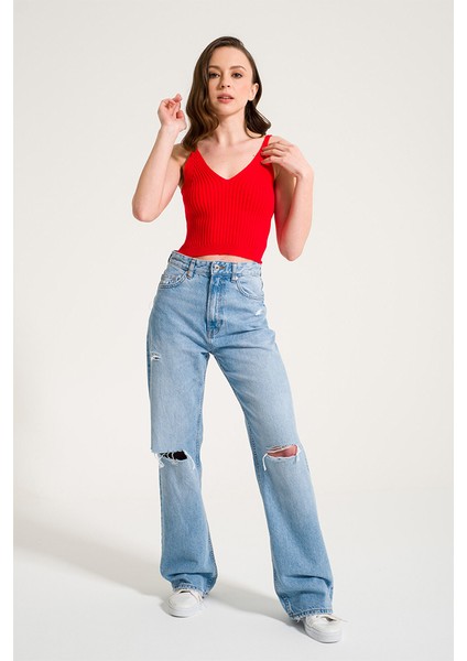 Kırmızı V Kesim Triko Crop