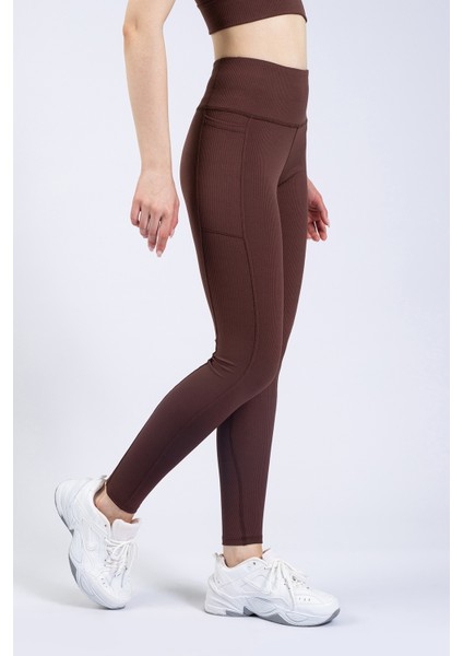 Kadın Kahve Cepli Fitilli Yüksek Bel Spor Tayt 25"