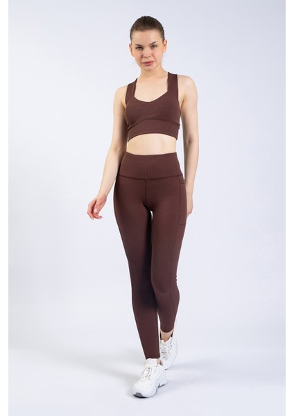 Kadın Kahve Cepli Fitilli Yüksek Bel Spor Tayt 25" fiyatları