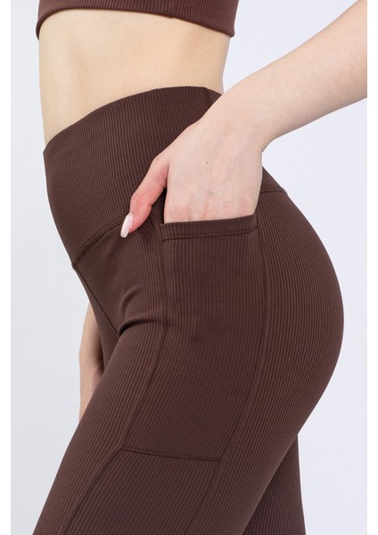 Kadın Kahve Cepli Fitilli Yüksek Bel Spor Tayt 25" fırsatları