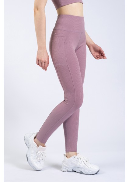 Kadın Lila Cepli Fitilli Yüksek Bel Spor Tayt 25"
