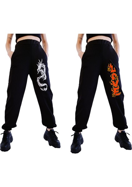 Kadın Siyah Dragon x Love Baskılı Eşofman 2'li Paket Eşofman Altı