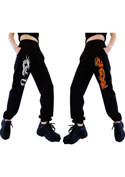 Kadın Siyah Dragon x Love Baskılı Eşofman 2'li Paket Eşofman Altı fiyatları