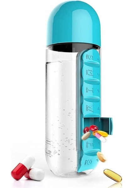 2 Adet Ilaç ve Su Şişesi Matara 600 ml Matara Dahili 7 Günlük Hap Organizer Su Şişesi 2 Adet Mavi