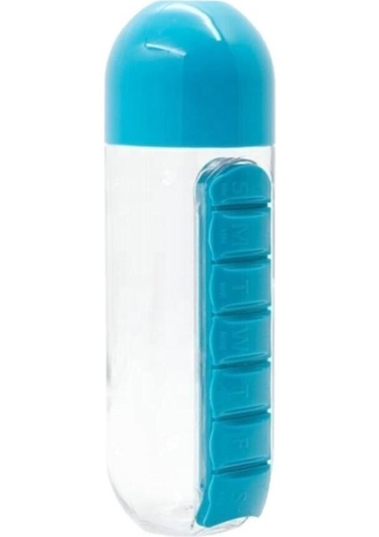 2 Adet Ilaç ve Su Şişesi Matara 600 ml Matara Dahili 7 Günlük Hap Organizer Su Şişesi 2 Adet Mavi