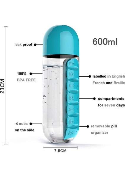2 Adet Ilaç ve Su Şişesi Matara 600 ml Matara Dahili 7 Günlük Hap Organizer Su Şişesi 2 Adet Mavi