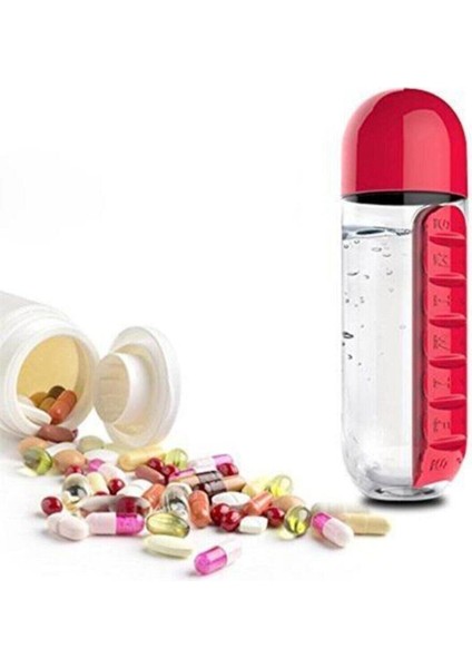 2 Adet Ilaç ve Su Şişesi Matara 600 ml Matara Dahili 7 Günlük Hap Organizer Su Şişesi 2 Adet Kırmızı