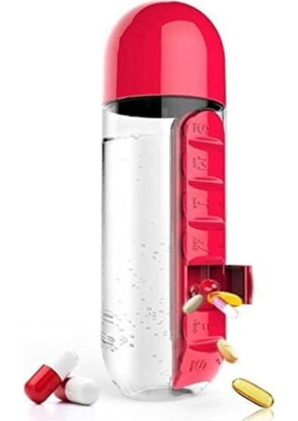 2 Adet Ilaç ve Su Şişesi Matara 600 ml Matara Dahili 7 Günlük Hap Organizer Su Şişesi 2 Adet Kırmızı
