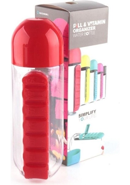 2 Adet Ilaç ve Su Şişesi Matara 600 ml Matara Dahili 7 Günlük Hap Organizer Su Şişesi 2 Adet Kırmızı