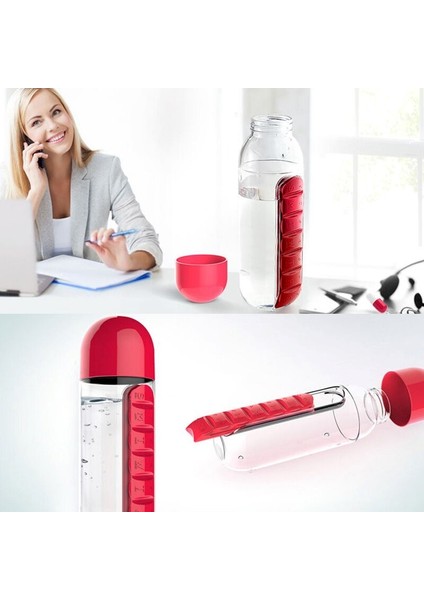 2 Adet Ilaç ve Su Şişesi Matara 600 ml Matara Dahili 7 Günlük Hap Organizer Su Şişesi 2 Adet Kırmızı