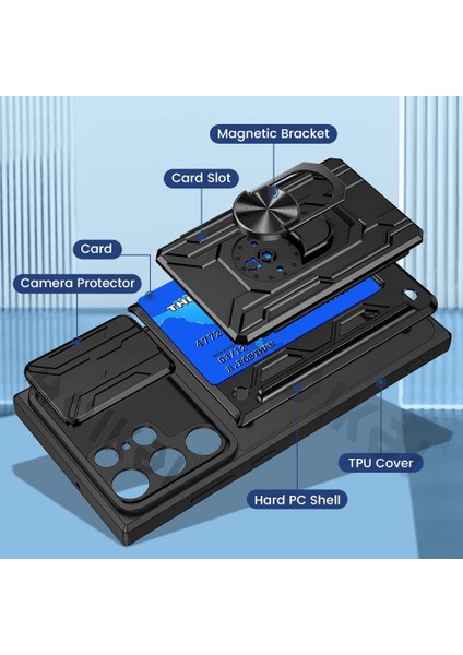 Samsung Galaxy M22 Uyumlu Kartlıklı Sürgülü Slayt Kamera Korumalı Standlı Tank Kapak