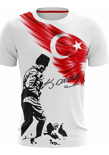 Kocatepe Mustafa Kemal Atatürk Imzası ve Türk Bayrağı Baskılı T-Shirt