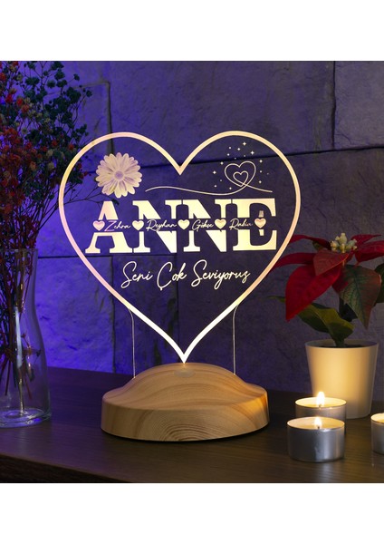 Kalp Şeklinde Anneler Günü Hediyesi, Kişiye Özel Anneye Hediye Isim Yazılı LED Lamba