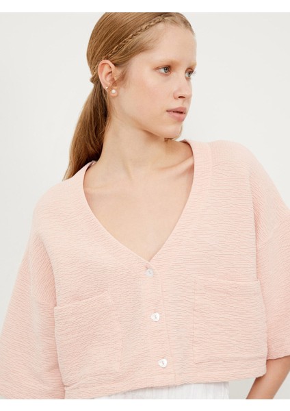 V Yaka Pamuklu Oversize Cepli Bluz