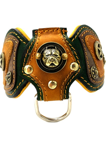 Deri Pitbull Başlı Aslanlı Köpek Tasması Haki - Hardal