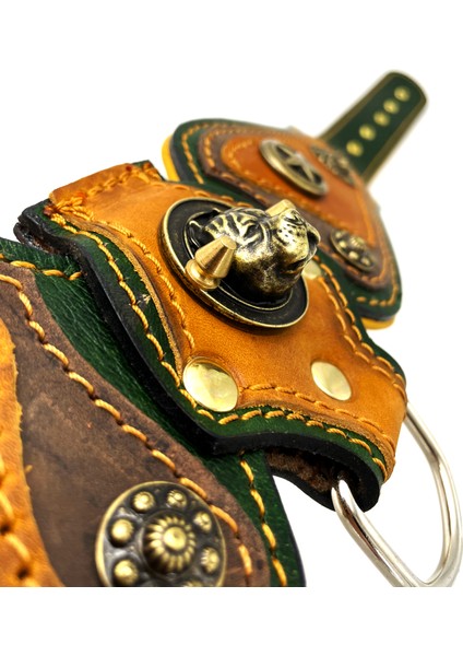 Deri Pitbull Başlı Aslanlı Köpek Tasması Haki - Hardal fiyatları