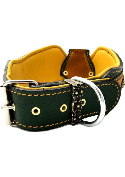 Deri Pitbull Başlı Aslanlı Köpek Tasması Haki - Hardal indirimleri