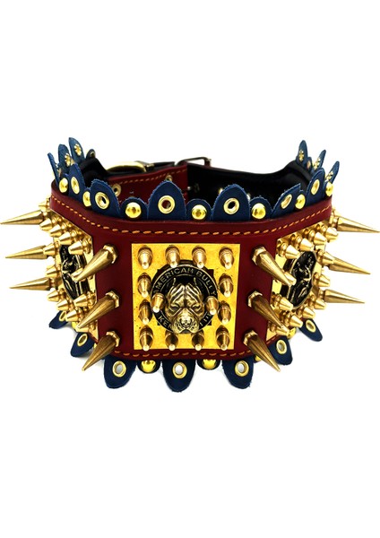 Kırmızı-Sarı Çivili American Bully Deri Köpek Tasması Sarı - Kırmızı