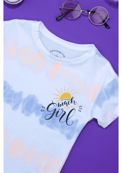 Çizgi Kids Kız Çocuk Batik Desen Beach Girl Baskılı Mavi Turuncu T-Shirt