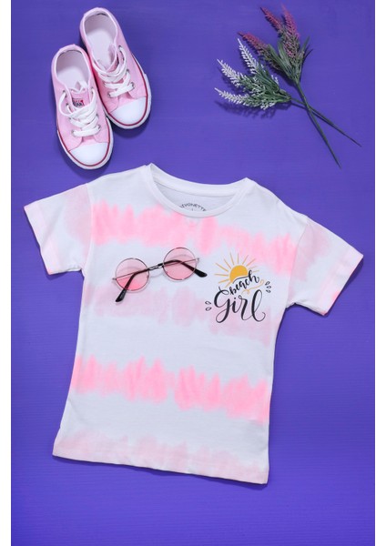 Çizgi Kids Kız Çocuk Batik Desen Beach Girl Baskılı Pembe T-Shirt