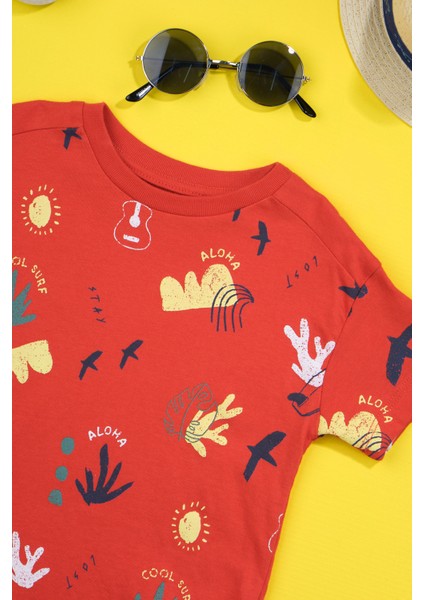 Çizgi Kids Erkek Çocuk Aloha Baskılı Kırmızı T-Shirt