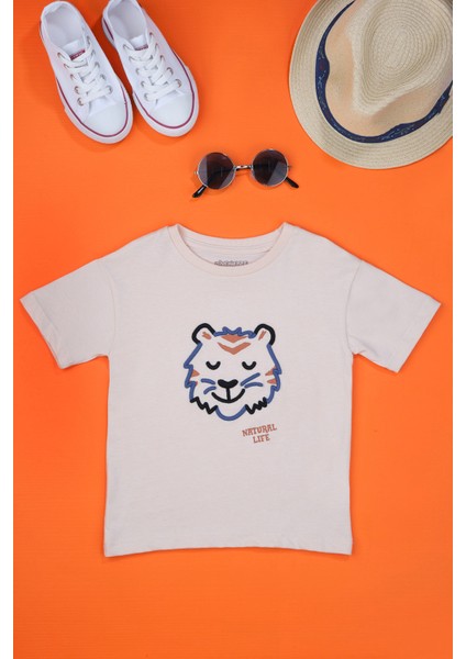 Çizgi Kids Erkek Çocuk Kaplan Nakış Işlemeli Krem T-Shirt