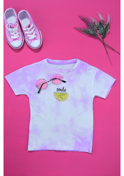 Çizgi Kids Kız Çocuk Batik Desen Smile Limon Baskılı Lila T-Shirt