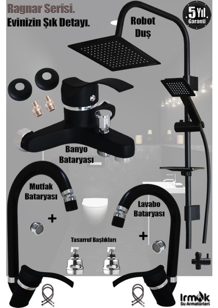 Irmak Lavabo Banyo Mutfak Bataryası ve Diamond Robot Duş Siyah Banyo Seti Armatür Musluk Batarya Duş