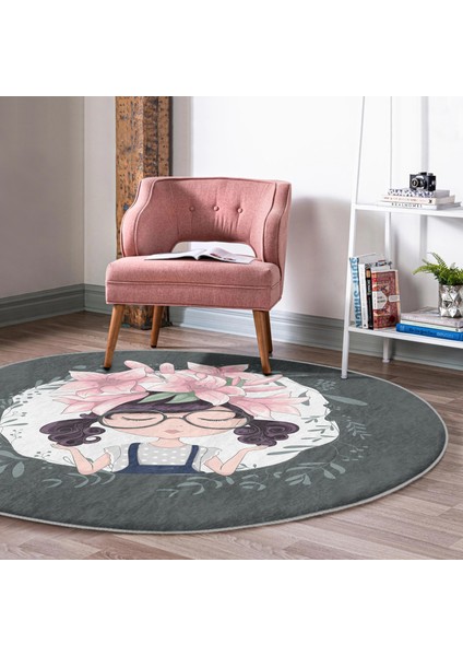 Fashion Girl Dijital Baskılı Modern Gri Çocuk Ve Genç Odası Yıkanabilir Kaymaz Tabanlı Yuvarlak Halı