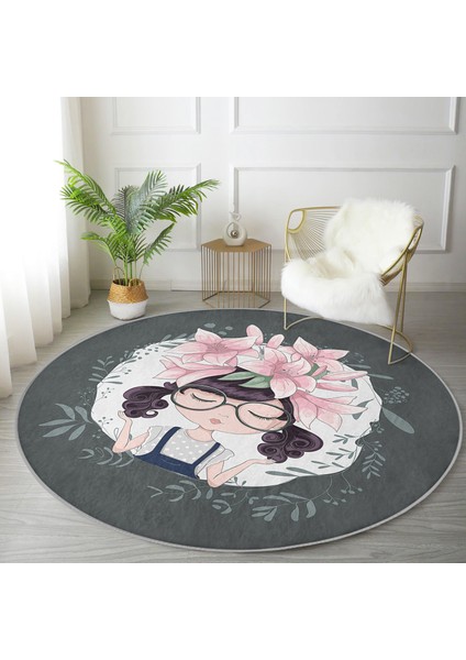Fashion Girl Dijital Baskılı Modern Gri Çocuk Ve Genç Odası Yıkanabilir Kaymaz Tabanlı Yuvarlak Halı modelleri