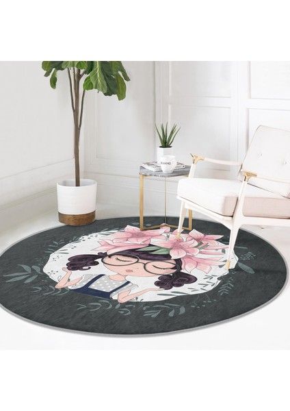 Fashion Girl Dijital Baskılı Modern Gri Çocuk Ve Genç Odası Yıkanabilir Kaymaz Tabanlı Yuvarlak Halı fırsatları