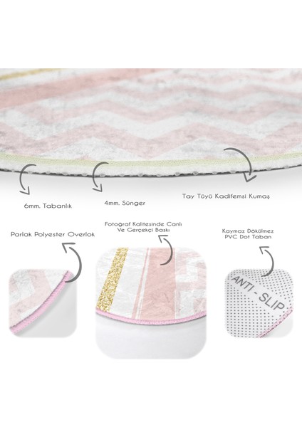 Renkli Zeminde Gold Detaylı Geometrik Çizimli Dijital Baskılı Modern Pembe Çocuk Ve Genç Odası Kaymaz Tabanlı Yuvarlak Halı