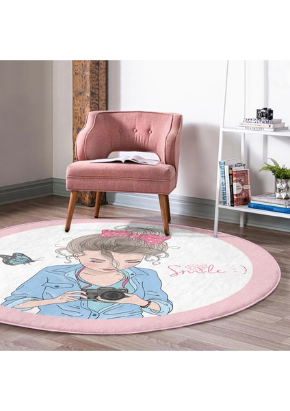 Özel Tasarım Smile Take Up Desenli Pembe Çocuk Ve Genç Odası Yıkanabilir Kaymaz Tabanlı Yuvarlak Halı