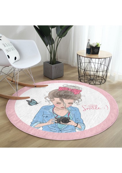 Özel Tasarım Smile Take Up Desenli Pembe Çocuk Ve Genç Odası Yıkanabilir Kaymaz Tabanlı Yuvarlak Halı