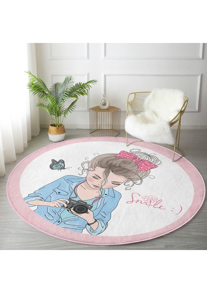 Özel Tasarım Smile Take Up Desenli Pembe Çocuk Ve Genç Odası Yıkanabilir Kaymaz Tabanlı Yuvarlak Halı