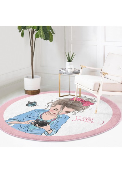 Özel Tasarım Smile Take Up Desenli Pembe Çocuk Ve Genç Odası Yıkanabilir Kaymaz Tabanlı Yuvarlak Halı