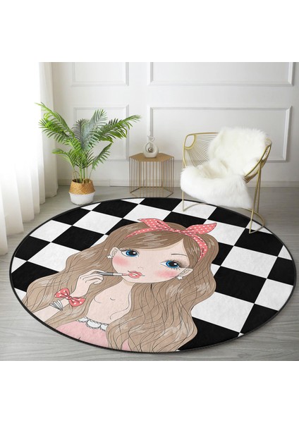 Dama Zeminli Fashion Girl Tasarımlı Dijital Baskılı Modern Pembe Çocuk Ve Genç Odası Yıkanabilir Kaymaz Tabanlı Yuvarlak Halı