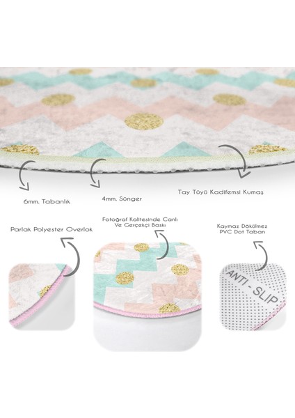 Beyaz Zeminde Renkli Zikzak Desenli Geometrik Dijital Baskılı Modern Pembe Çocuk Ve Genç Odası Kaymaz Tabanlı Yuvarlak Halı