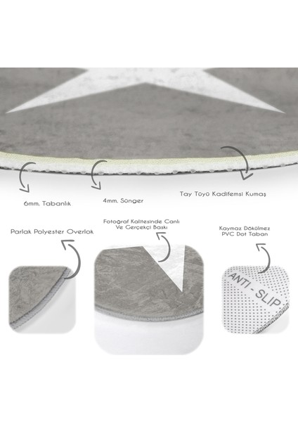 Modern Yıldız Desen Dijital Baskılı Gri Çocuk Ve Genç Odası Yıkanabilir Kaymaz Tabanlı Yuvarlak Halı