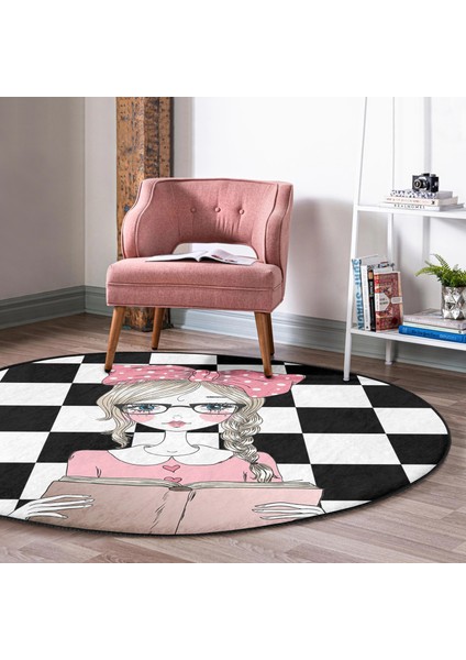 Dama Zeminli Kitap Okuyan Kız Tasarımlı Dijital Baskılı Modern Pembe Çocuk Ve Genç Odası Yıkanabilir Kaymaz Tabanlı Yuvarlak Halı modelleri