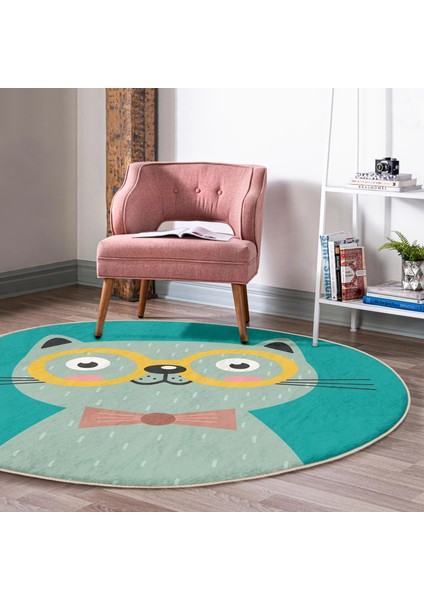 Renkli Kedi Dijital Baskılı Modern Turkuaz Çocuk ve Genç Odası Yıkanabilir Kaymaz Tabanlı Yuvarlak Halı