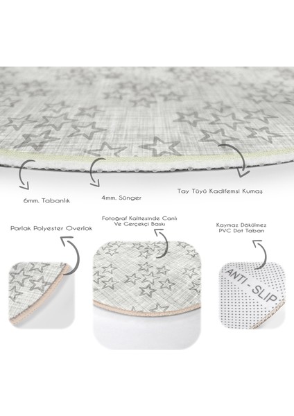 Kot Zeminli Yıldız Motifli Dijital Baskılı Gri Çocuk Ve Genç Odası Yıkanabilir Kaymaz Tabanlı Yuvarlak Halı